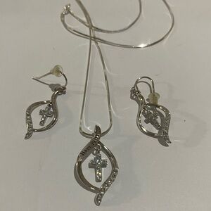 Sterling Silver 925 Have Faith Cross Necklace 24" & Earrings Set CZ Snake Chain
